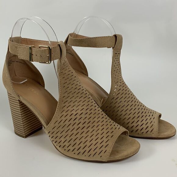 EXPRESS chunky block heel shoes tan size 8 peep toe - Picture 1 of 8